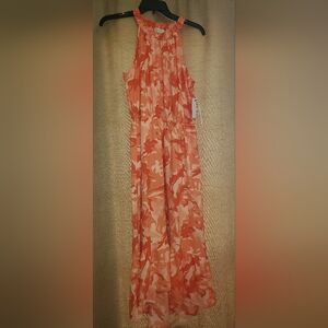NWT Nine West Halter Neck Ruffled Maxi high low Tropical Pink/Peach Dress SZ M